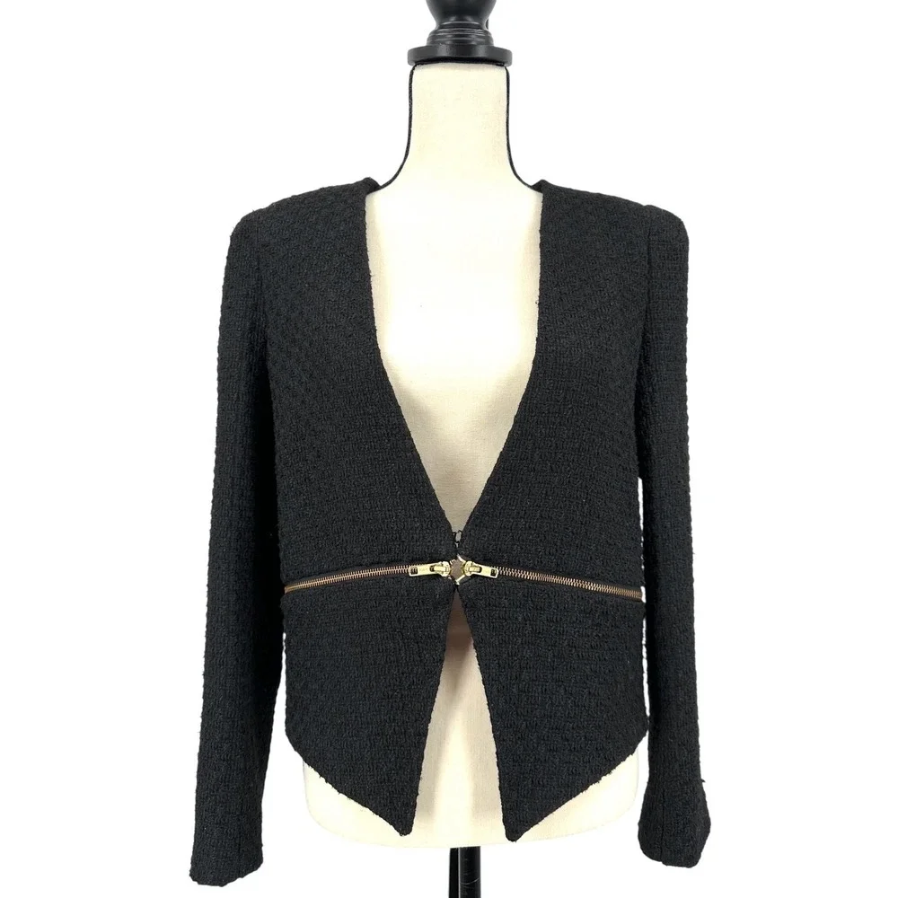 GIANNI BINI Women's L Black Tweed Cocktail Jacket with Edgy Gold Zipper Details - Picture 2 of 13